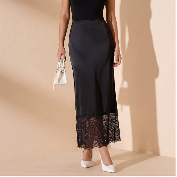 House of Harlow 1960 Dresses & Skirts - House of Harlow 1960 Black Satin Lace Trim Midi Slip Skirt Womens Size Medium
